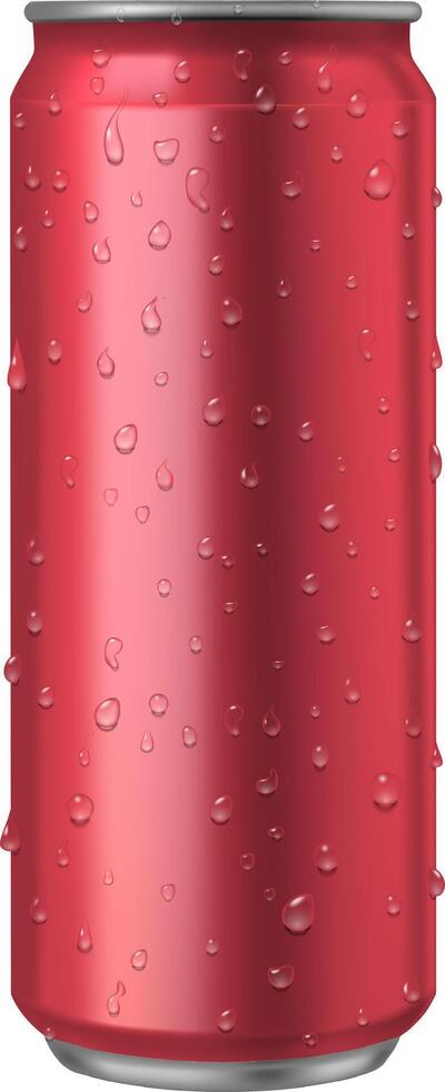 Realistic red aluminum can adorned with glistening water droplets, creating a refreshing and cool look, ideal for representing a variety of beverages in marketing and advertising vector