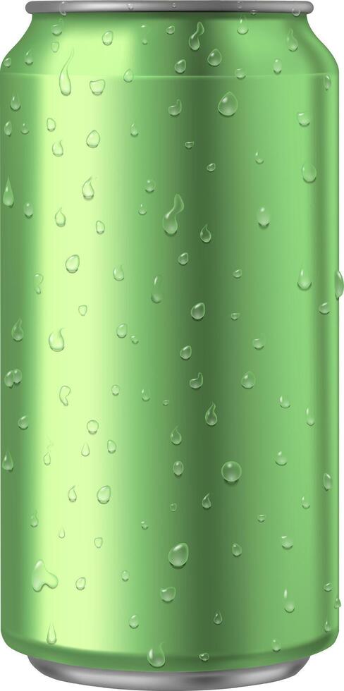 Refreshing green aluminum can covered with water drops, creating a cool and thirst quenching visual, perfect for showcasing beverage product designs vector