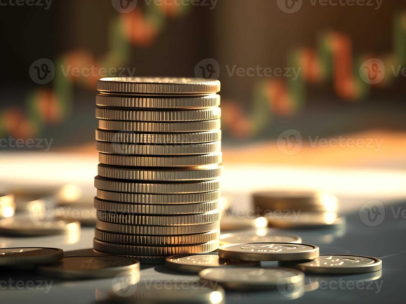 a stack of coins on a table with a stock market graph in the background photo