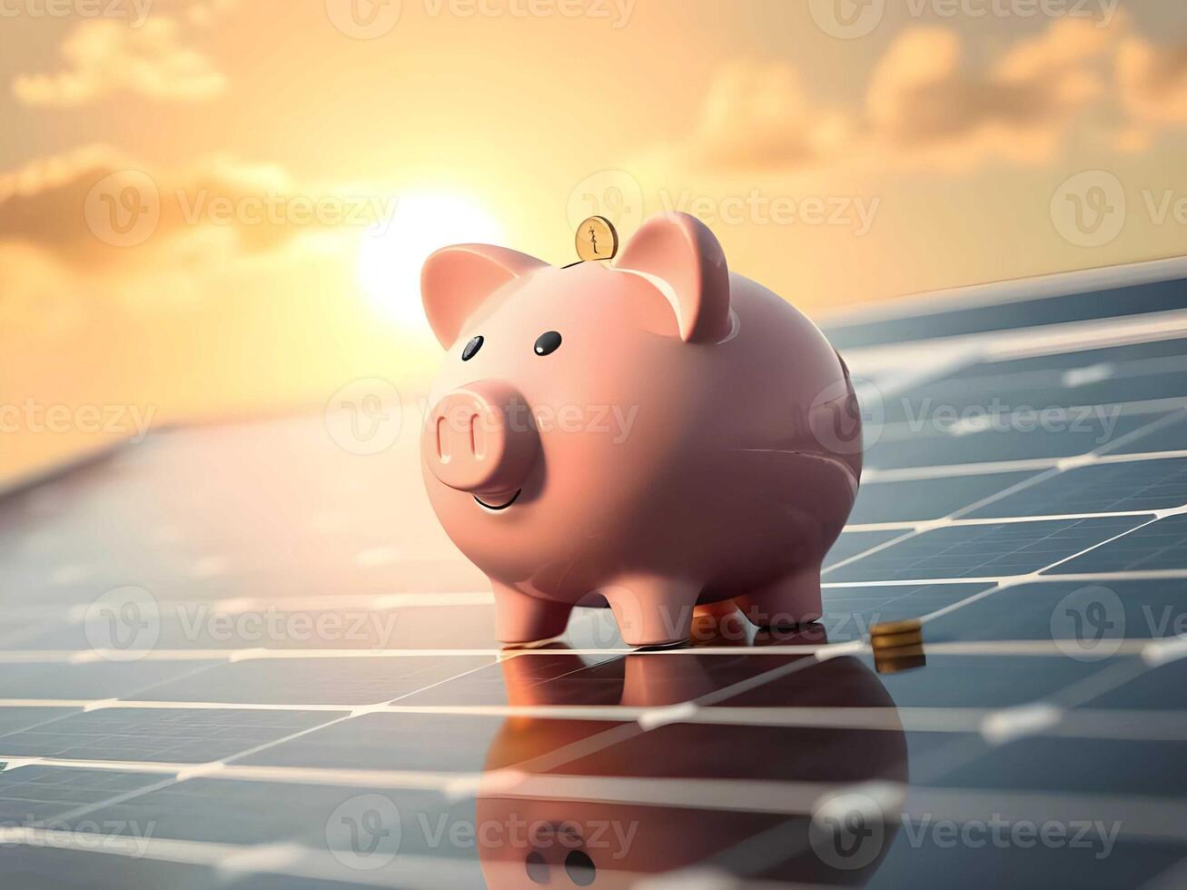 A pink piggybank rests on a solar panel, reflecting sunset rays, symbolizing sustainable savings and the bright future of renewable energy investments photo