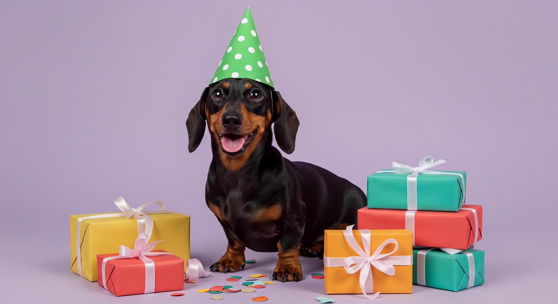 Happy Dog Party with Presents and Confetti Festive Photo