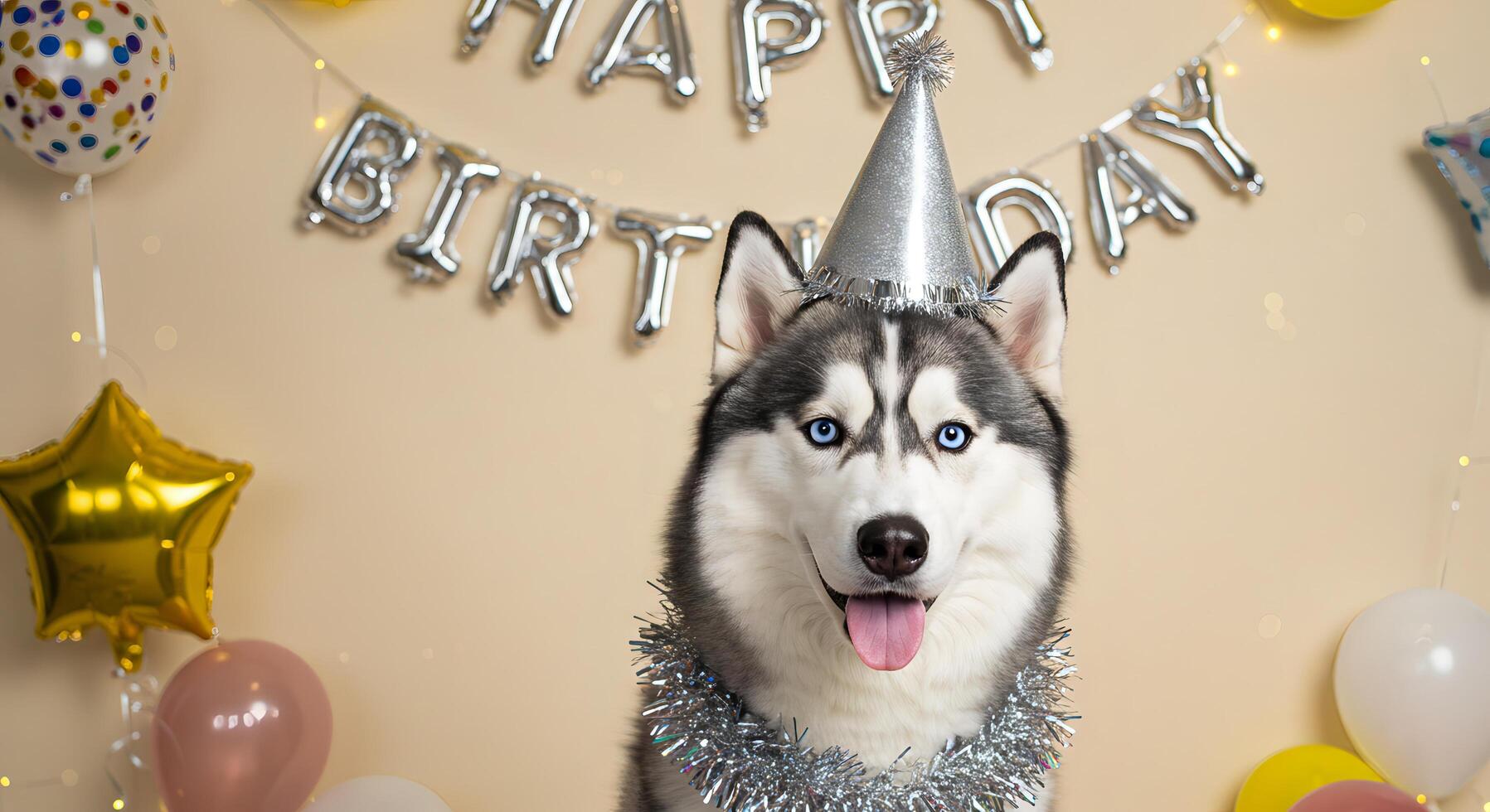 Husky Birthday Celebration with Balloons and Party Hat Image photo