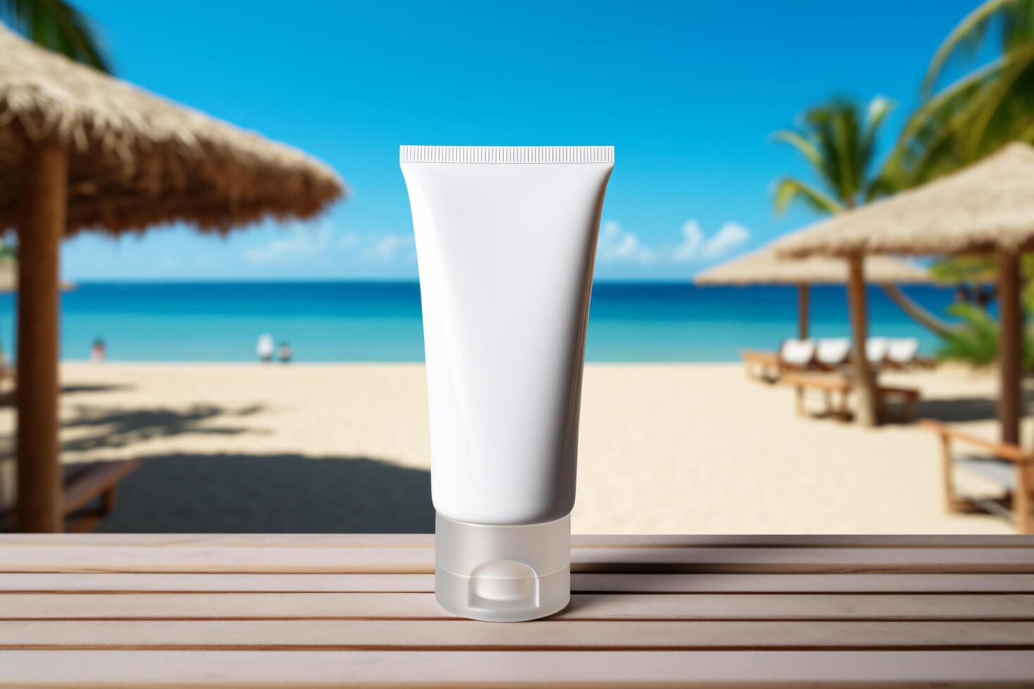 A tube of sunscreen cream on a wooden table in front of a beach photo