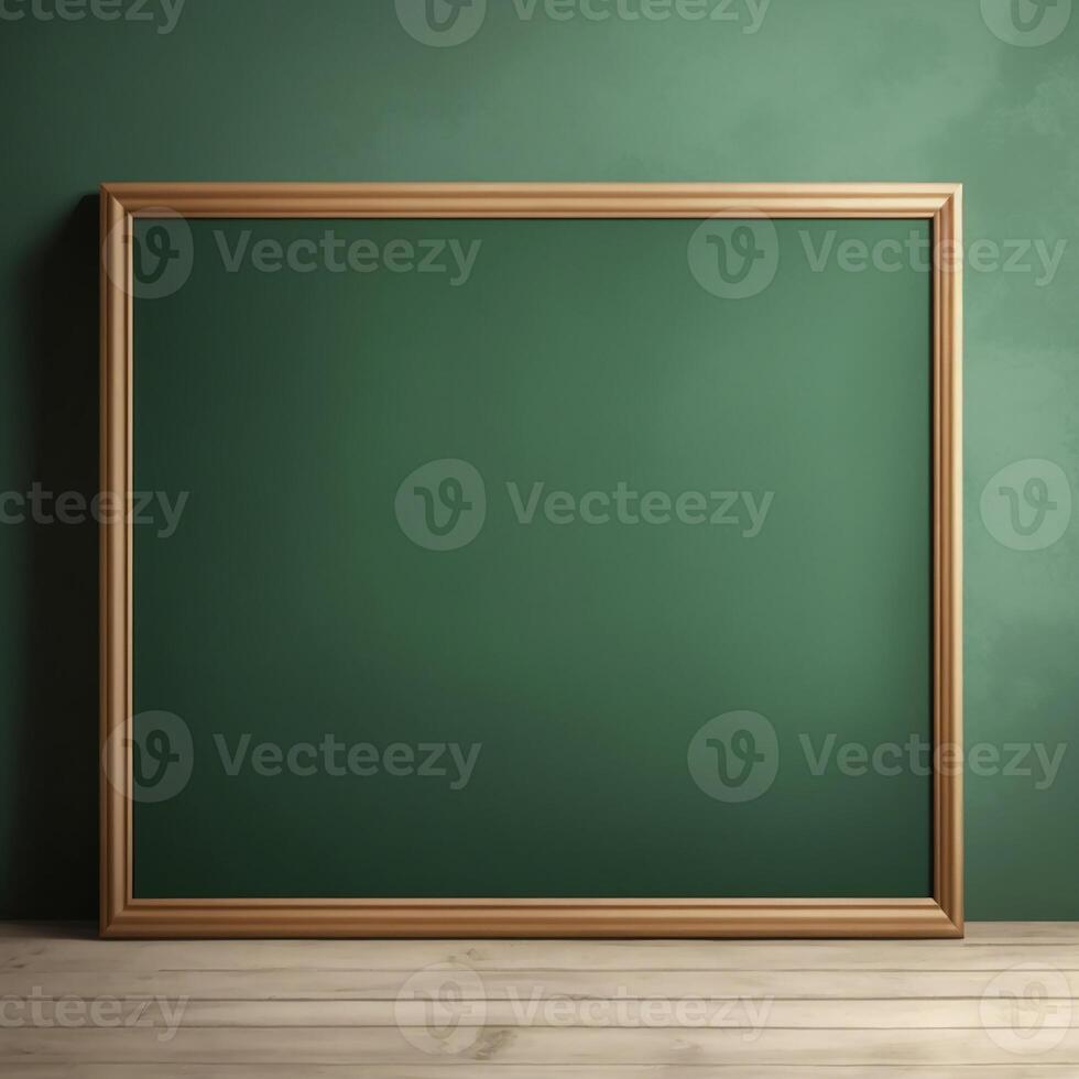 Empty wooden frame on a green wall with a wooden floor photo