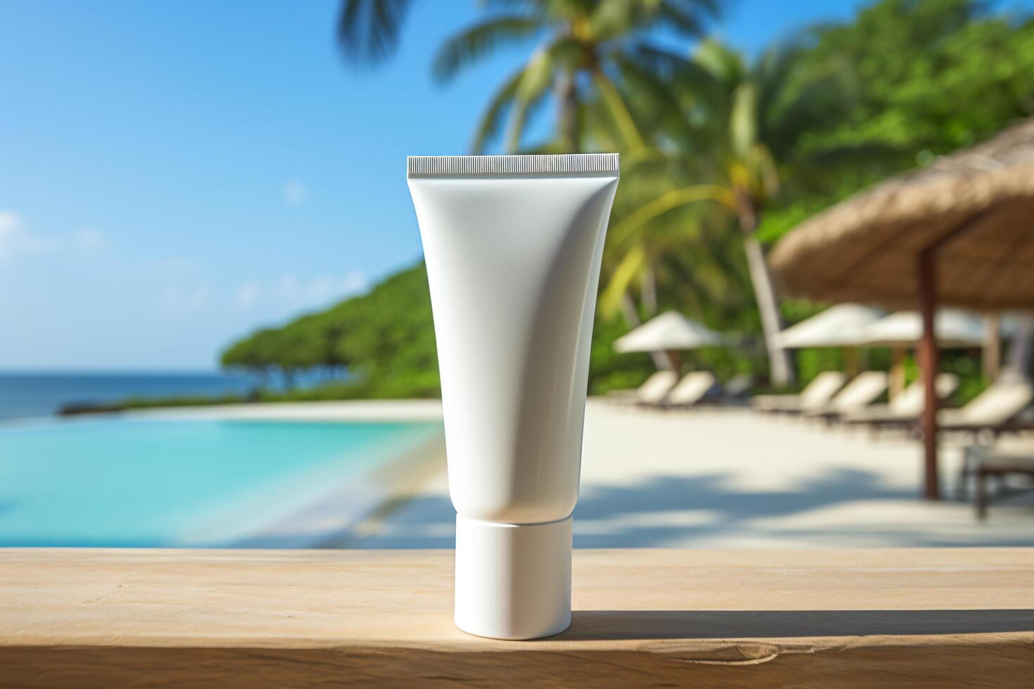 A tube of sunscreen on a wooden table near a pool photo