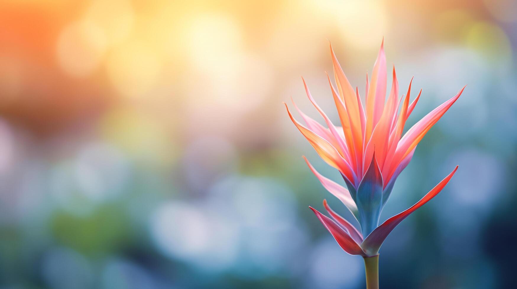 A bird of paradise flower is shown in front of a blurred background photo