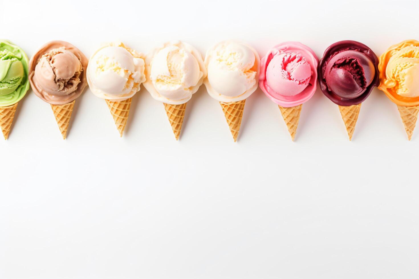 Colorful ice cream cones in a row on a white background photo