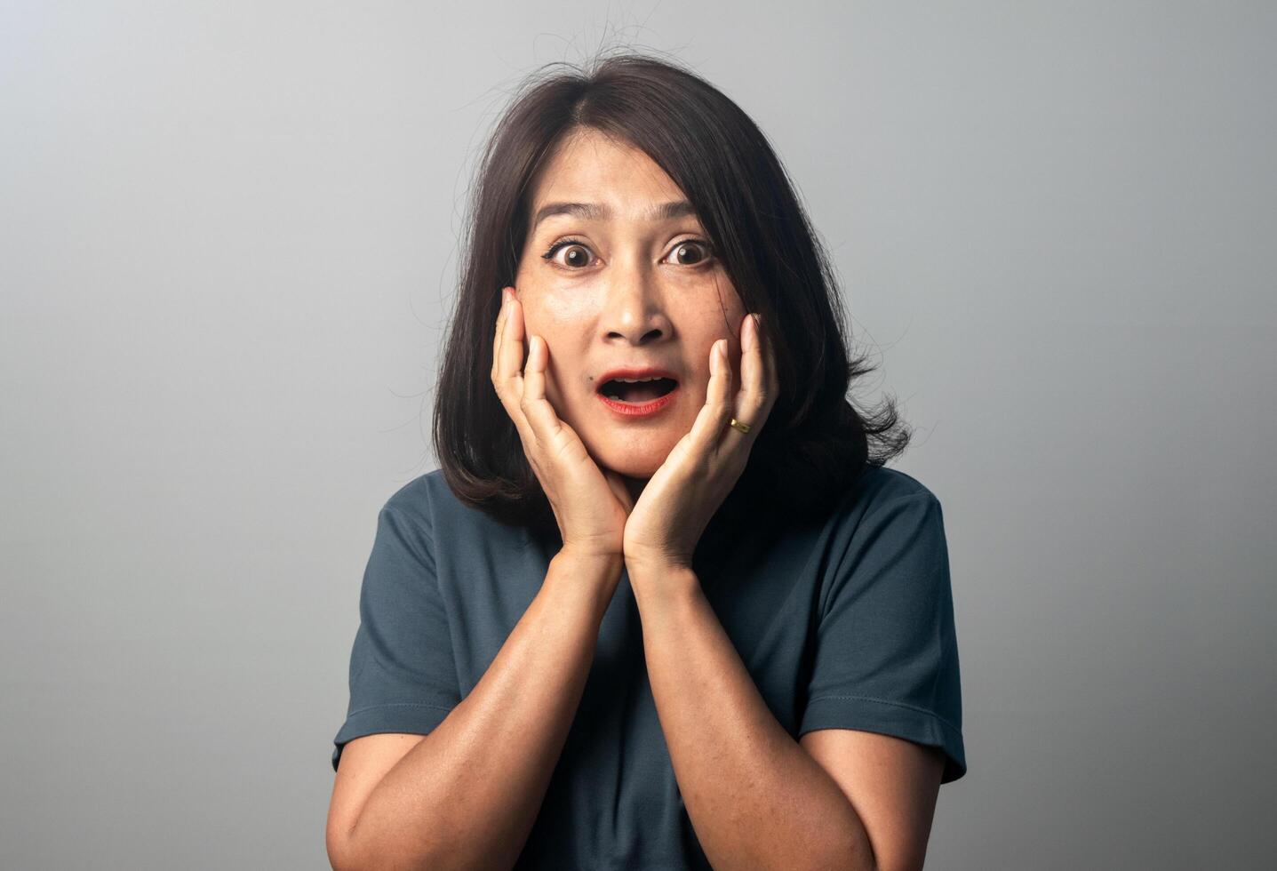 Asian woman standing isolated on grey background big eye surprised wow open mouth shocked face expression, fear and excited face. photo