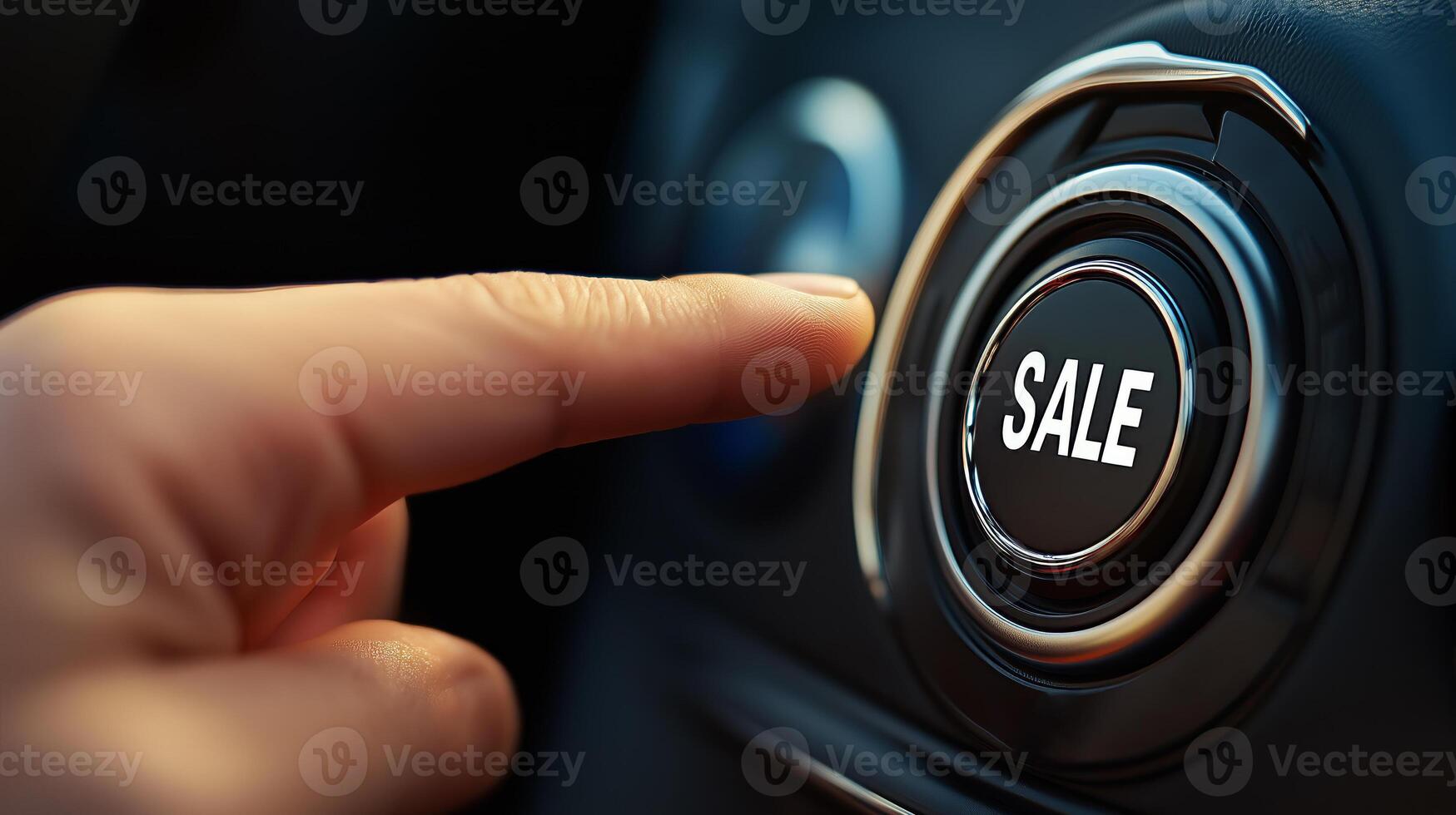 Close-up of a finger pressing the Sale button on a car dashboard. Concept of car sales, leasing, rental. photo