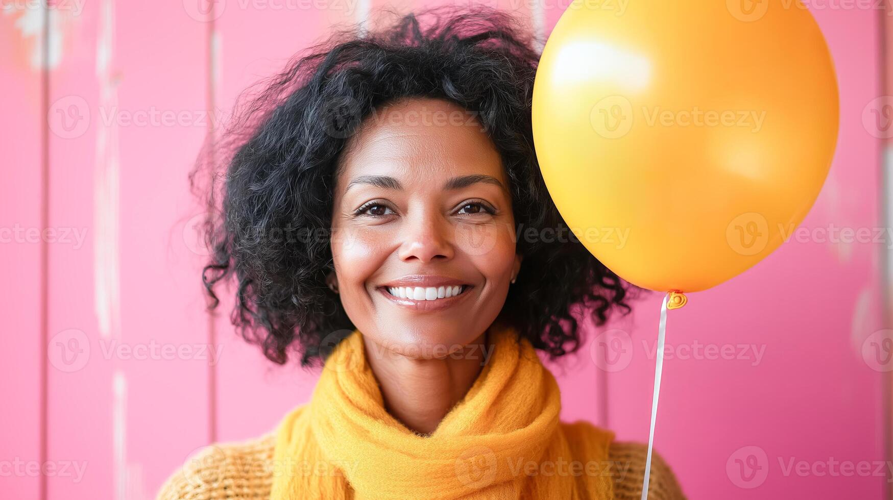 Beautiful African American woman smiling holding yellow balloon on pink background. Congratulations on holiday and birthday. photo