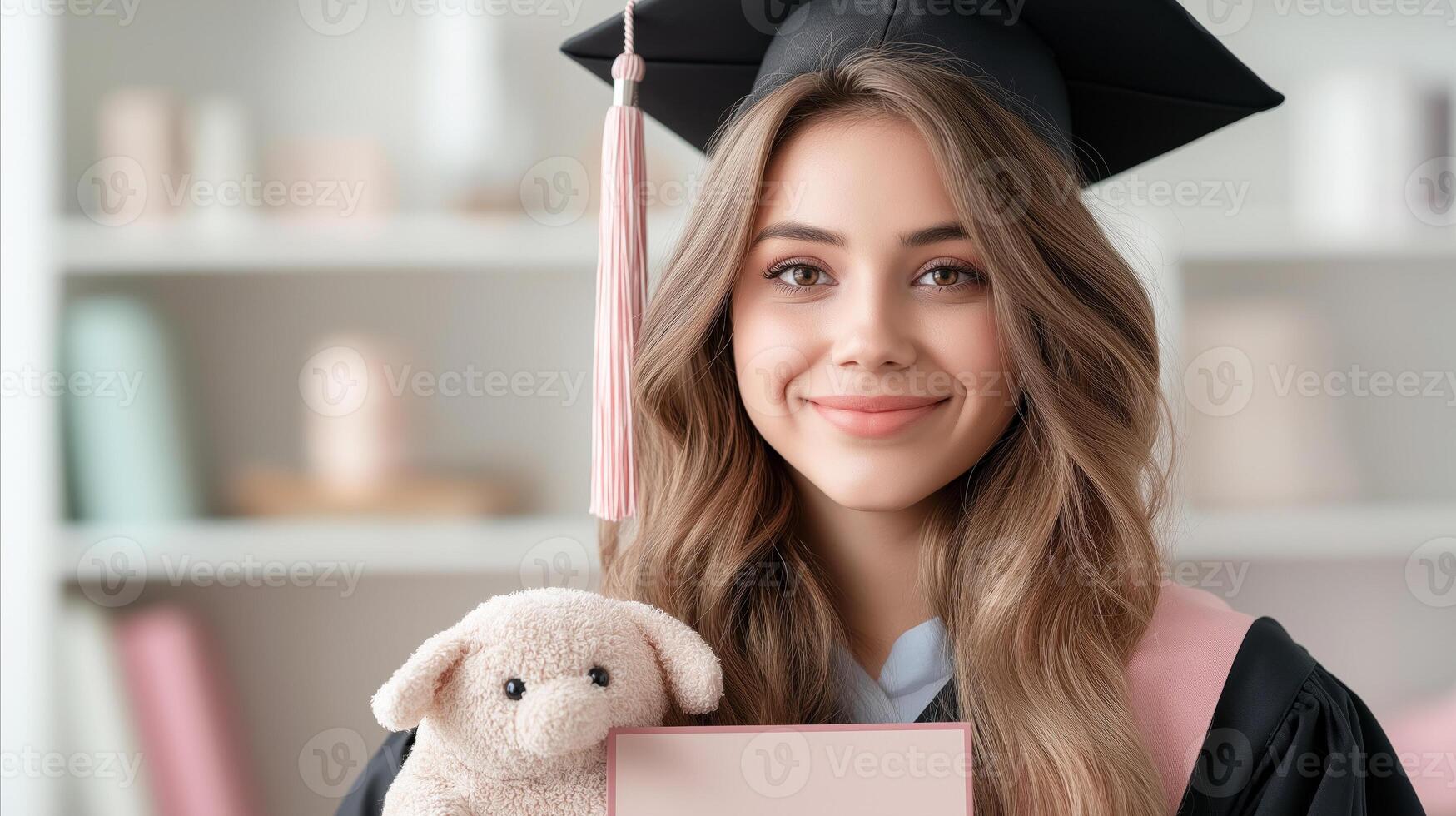 A young woman in a graduation gown holding a teddy bear photo