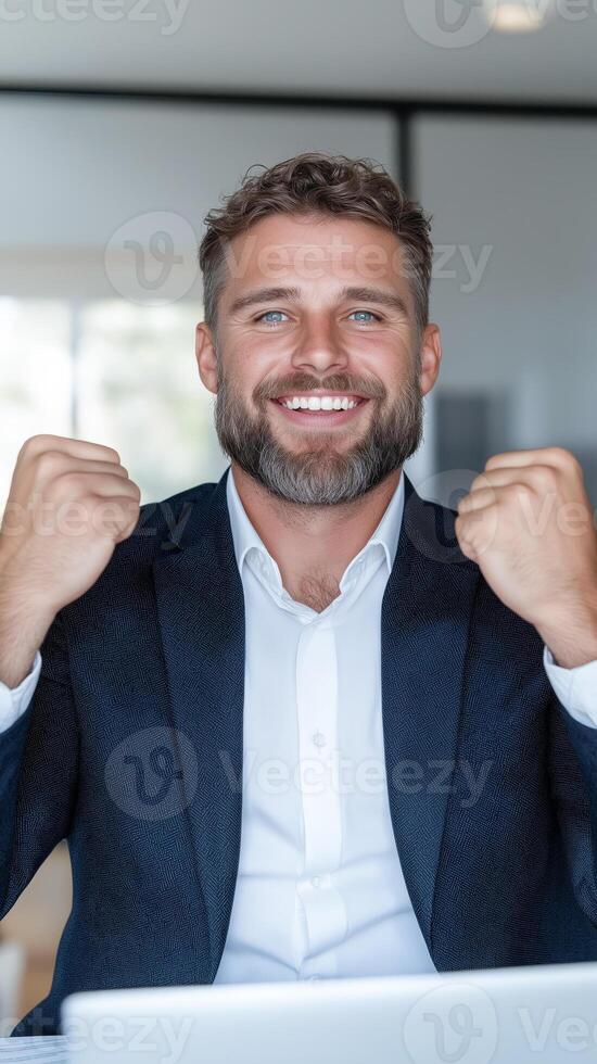 Satisfied businessman in a suit exults in front of a laptop in a modern office. He expresses joy and success by clenching his fists in a victory gesture. photo