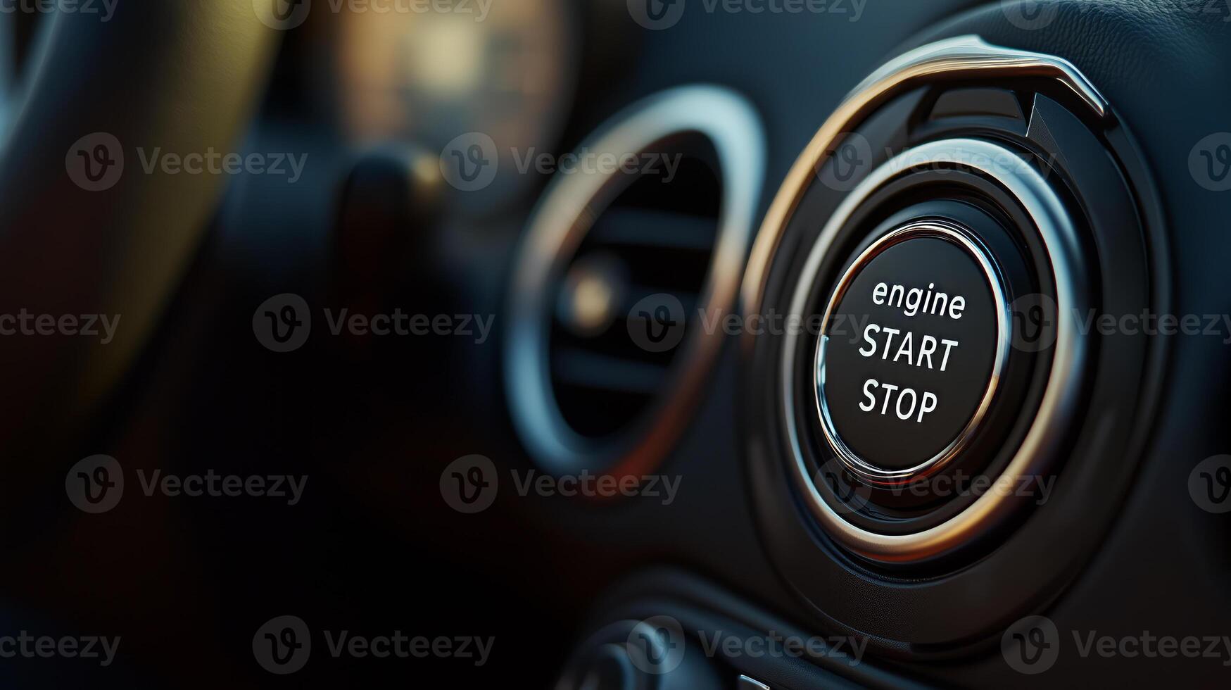 Start and Stop button close-up on the dashboard in a car. Concept of car sales, leasing and rental. photo