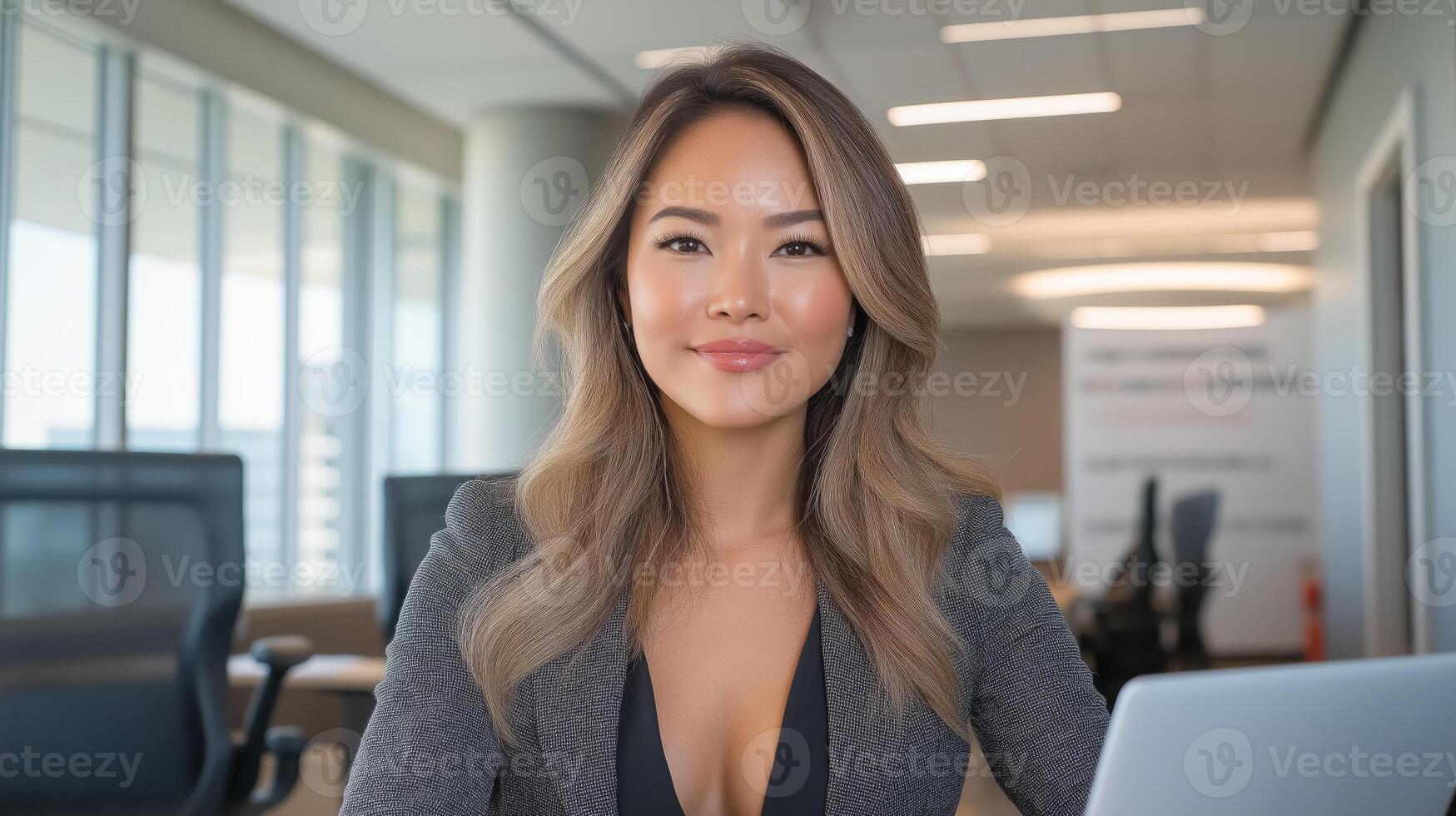 Business woman in a stylish office with a laptop. Confidence, professionalism and success in business. Modern corporate culture, leadership and career development. photo