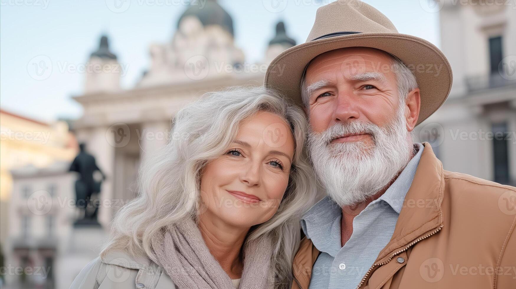 An older couple is standing in front of a building photo