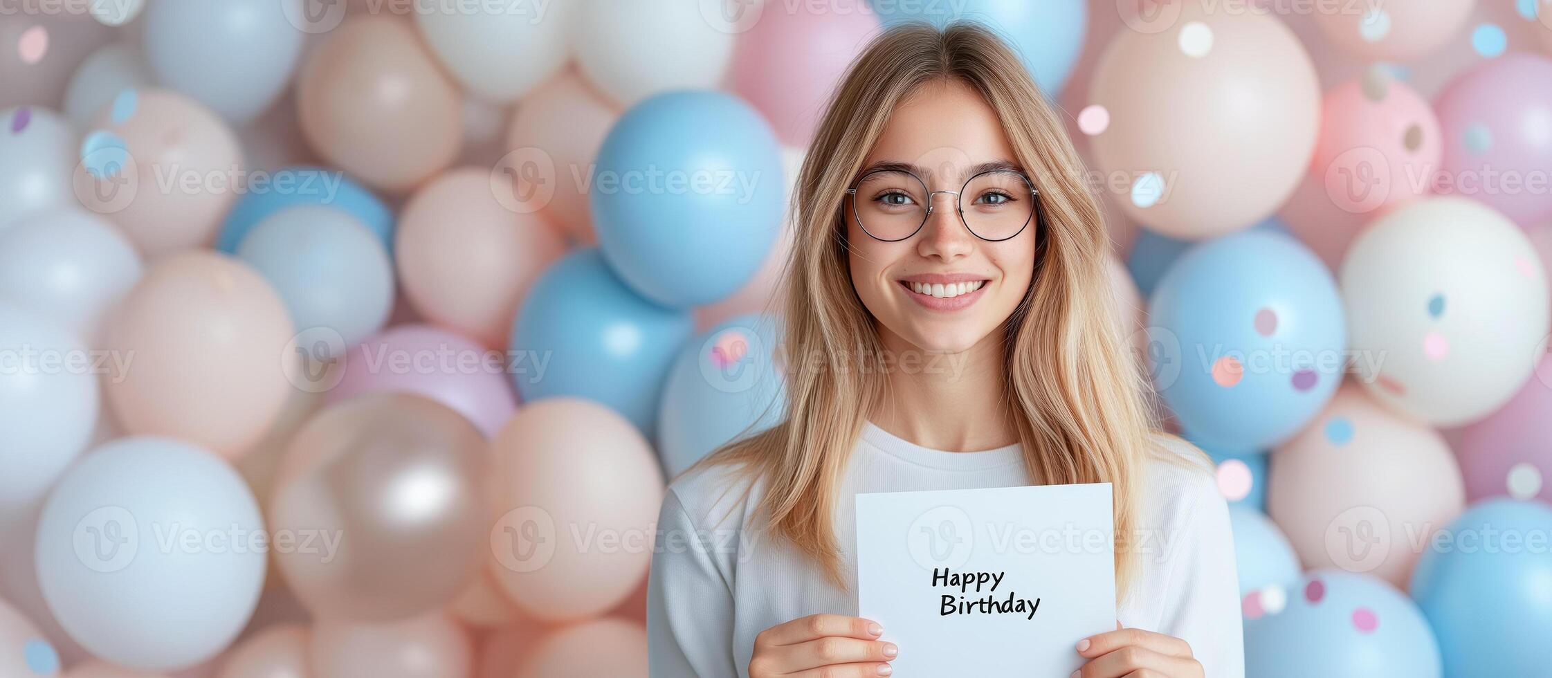 Happy birthday girl holding a card with happy birthday text photo