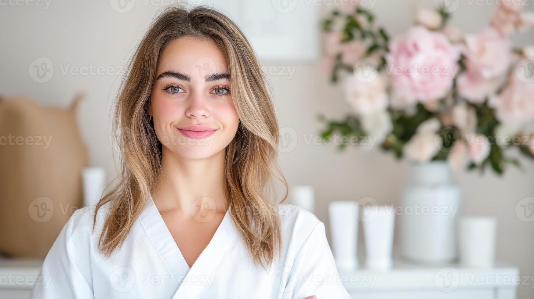 Portrait of a young cosmetologist with a smile. Light interior, natural shades and cozy atmosphere create a feeling of professionalism and trust. photo