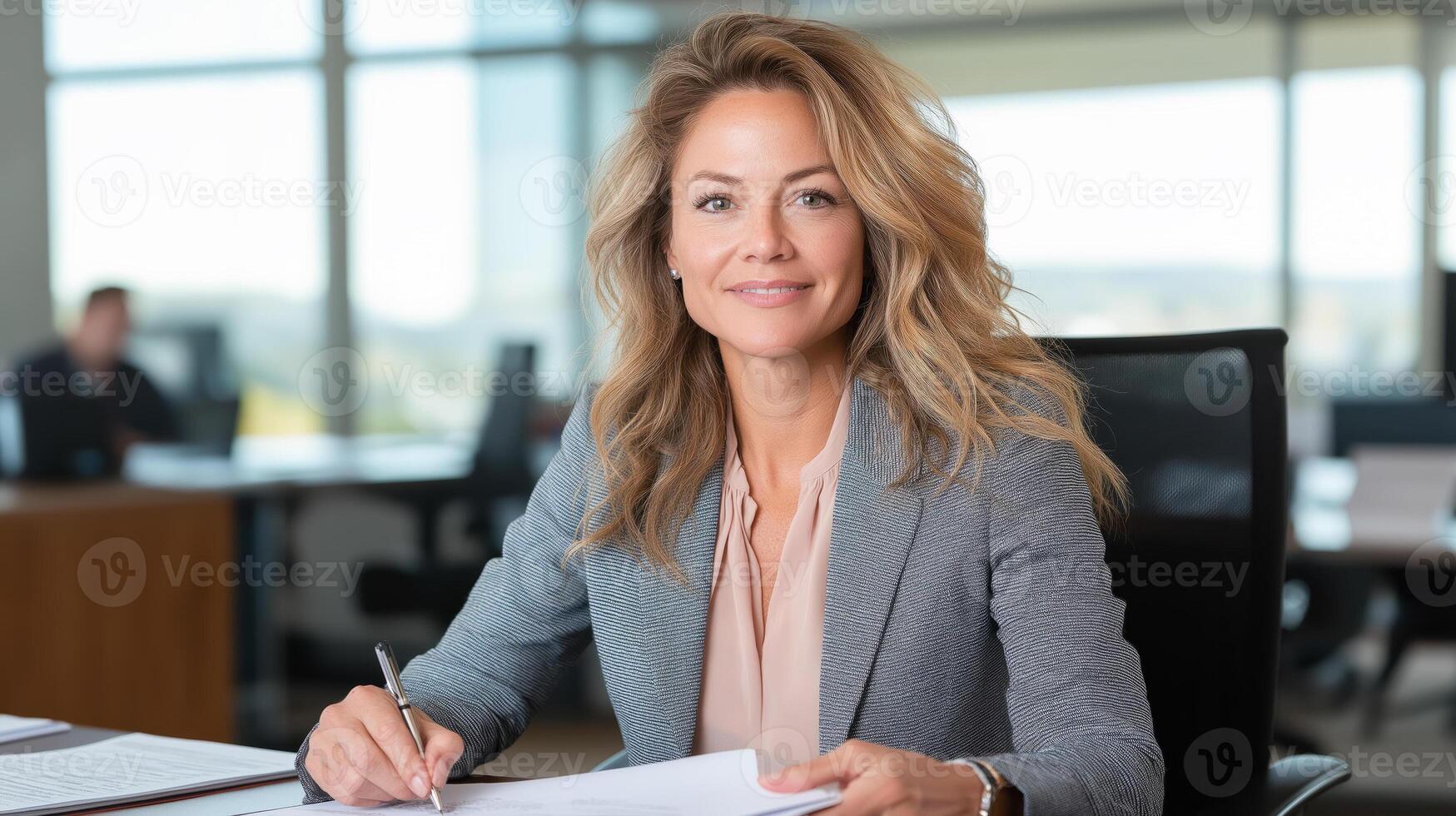 A woman in a business suit is sitting at a desk photo