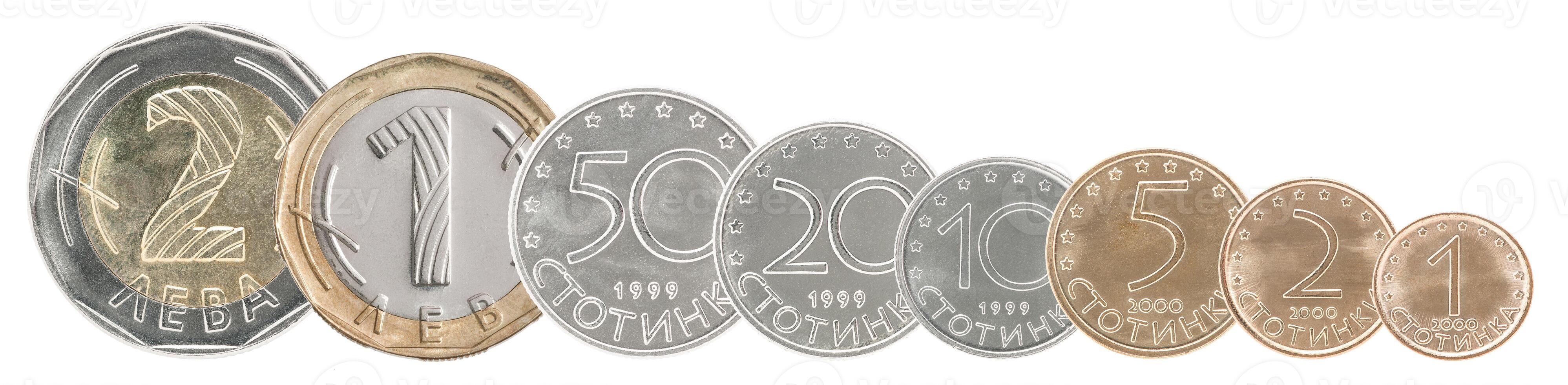 Complete set of Bulgarian coins stand in a row one after another. Isolated over white background. photo