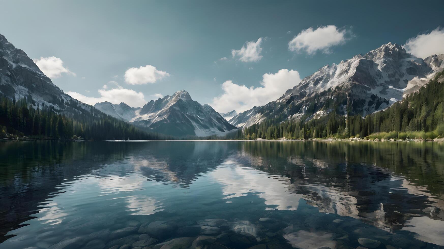 a crystal-clear lake surrounded by towering mountains photo
