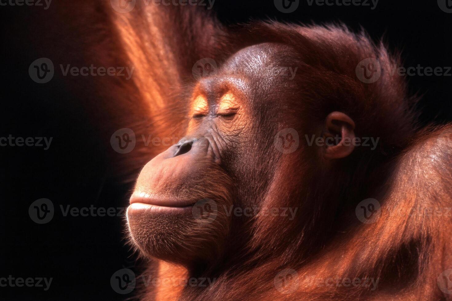 Cool Monkey and Silly Monkey with Funny Orangutan Expression on Black Background Featuring Playful Animal Face photo