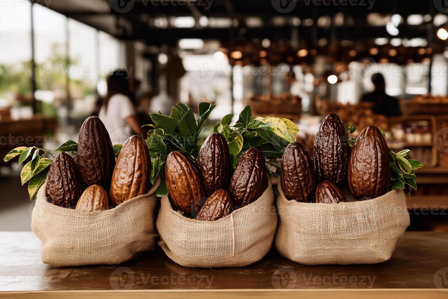 Rustic display of cocoa pods in burlap sacks with green leaves, set in a cozy marketplace. Rich textures and warm tones highlight the organic charm of cacao. . photo