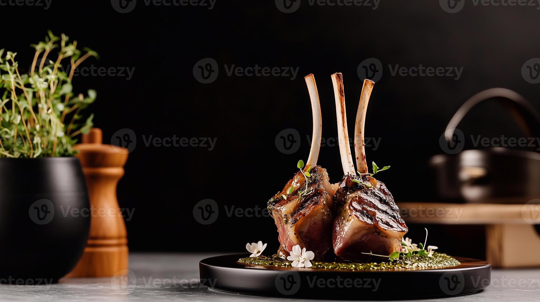 Gourmet lamb chops with a grilled crust, elegantly plated with green sauce and herbs. A fine dining presentation with a dark, modern aesthetic, perfect for restaurant or culinary themes. photo
