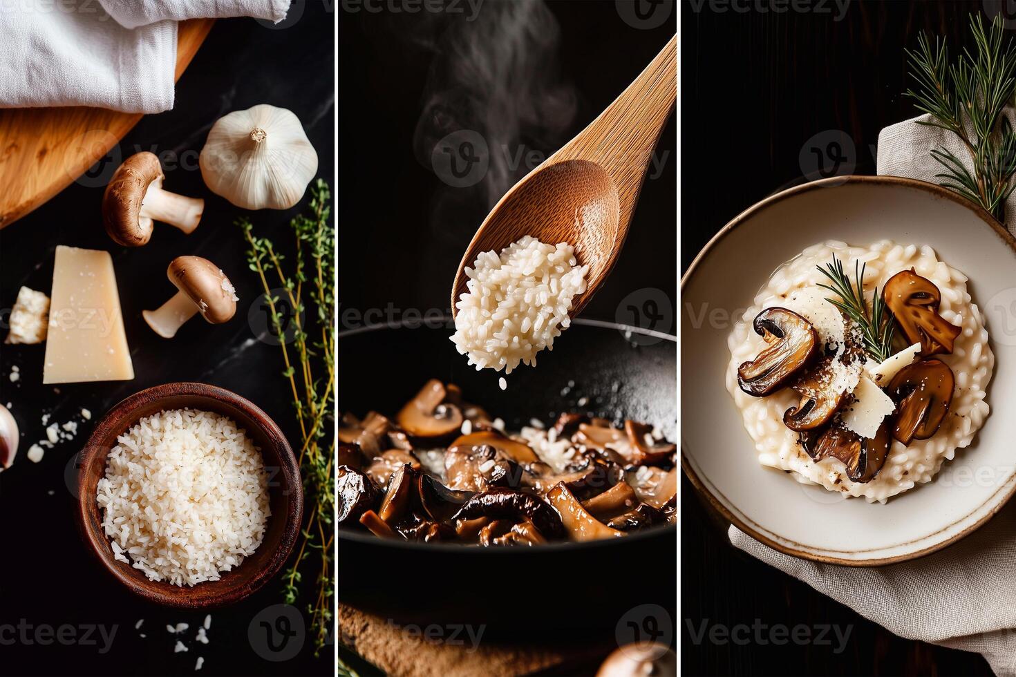 A collage showcasing the stages of cooking Porcini mushroom risotto from fresh ingredients to creamy rice preparation and elegant plating with parmesan and herbs. . photo