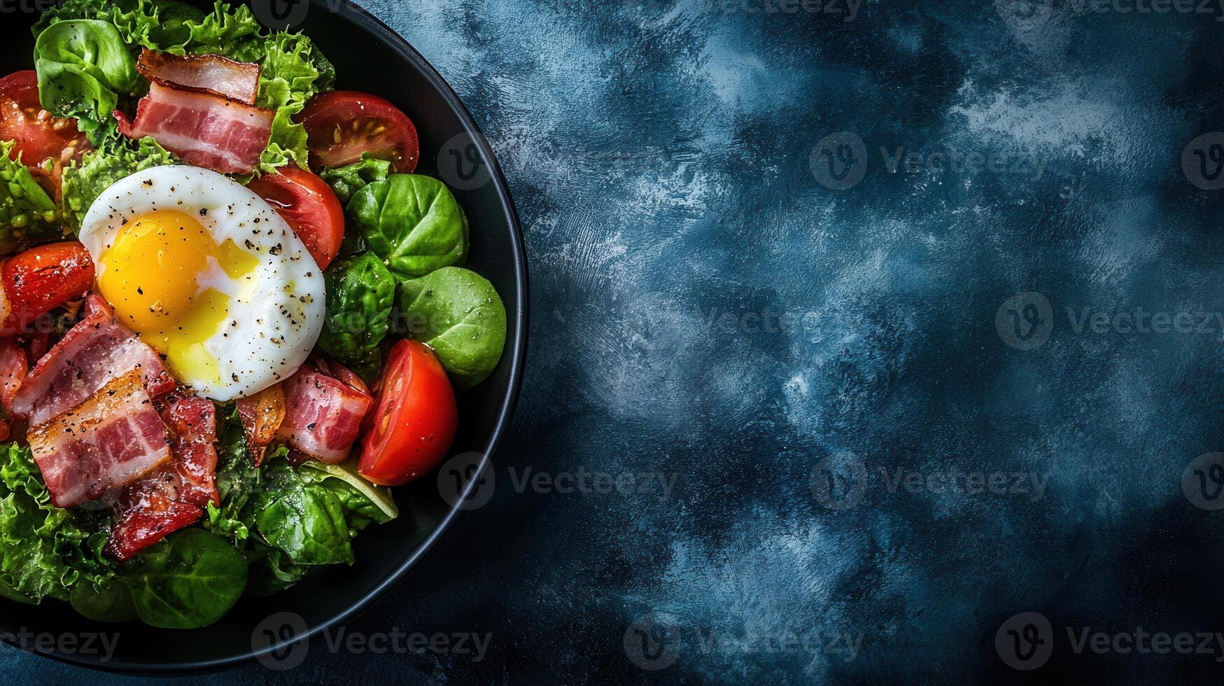 Fresh and colorful salad with boiled eggs and juicy tomatoes served in a bowl with a healthy dressing on top photo