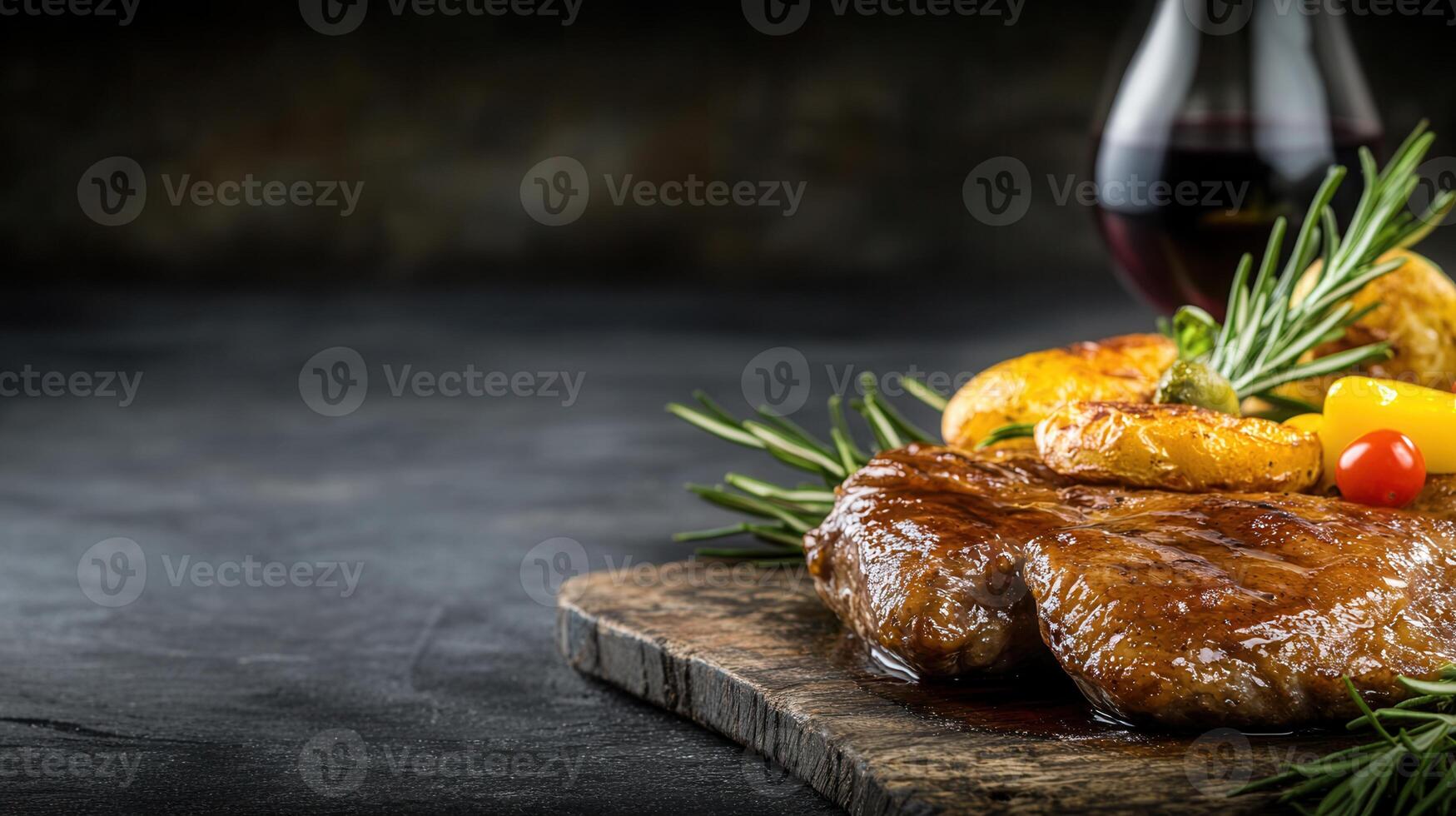 A juicy steak served on a plate accompanied by a glass of wine creating an elegant dining experience for food lovers photo