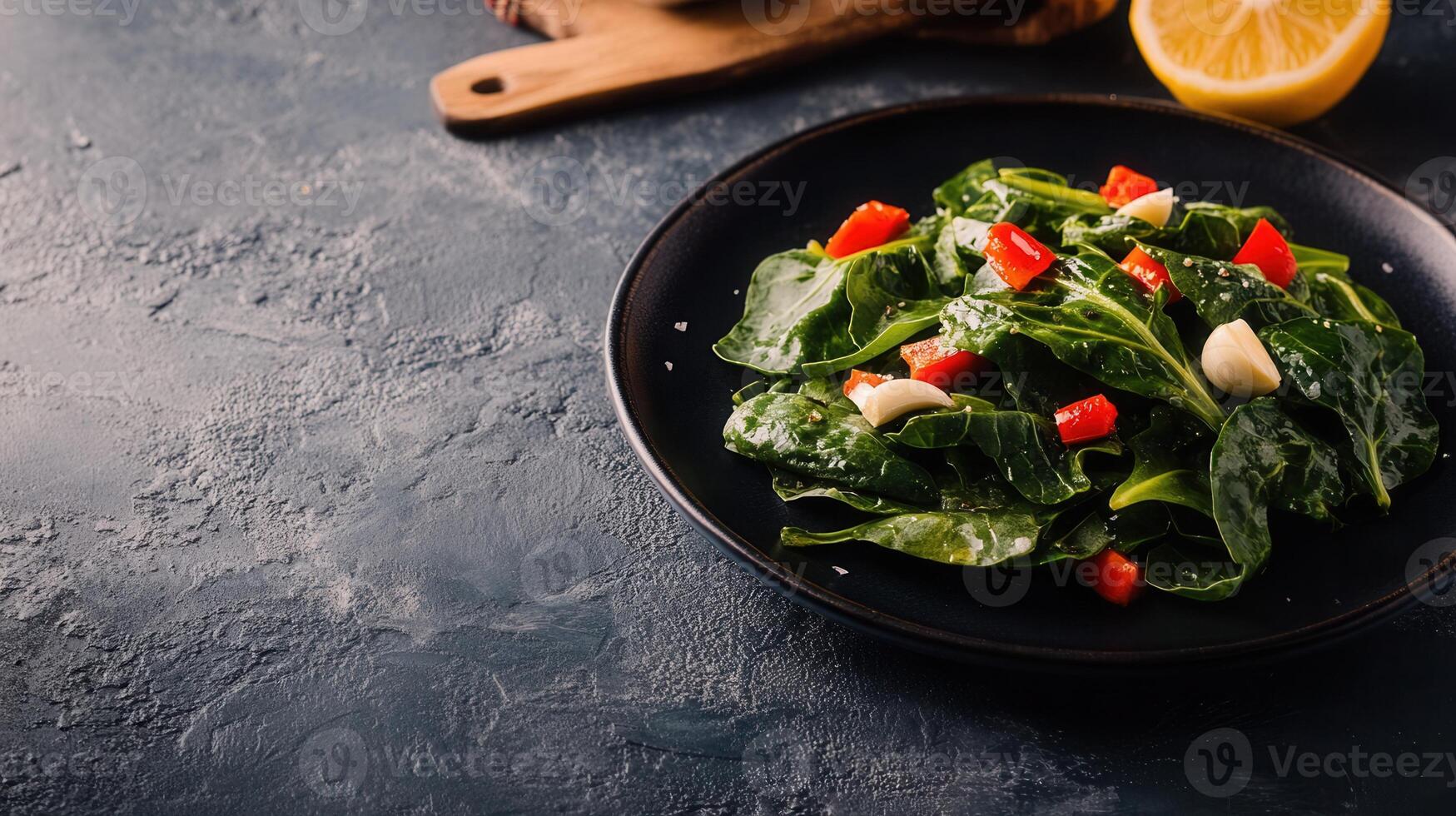 Freshly prepared colorful salad with crisp vegetables and a bright yellow lemon slices garnishing the plate photo