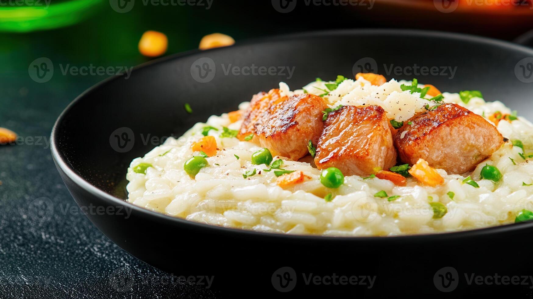 A colorful bowl of hearty food displayed on a rustic table surrounded by fresh ingredients and cooking utensils photo