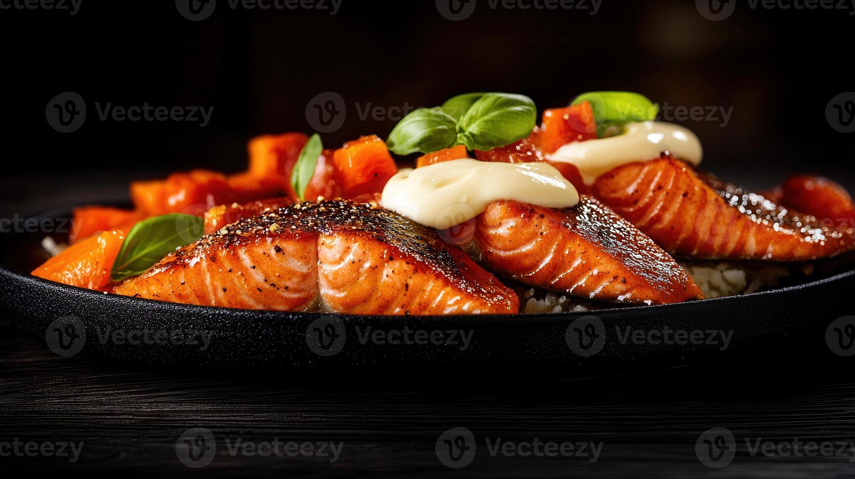 A flavorful plate of grilled salmon accompanied by a serving of rice and fresh vegetables for a healthy meal photo