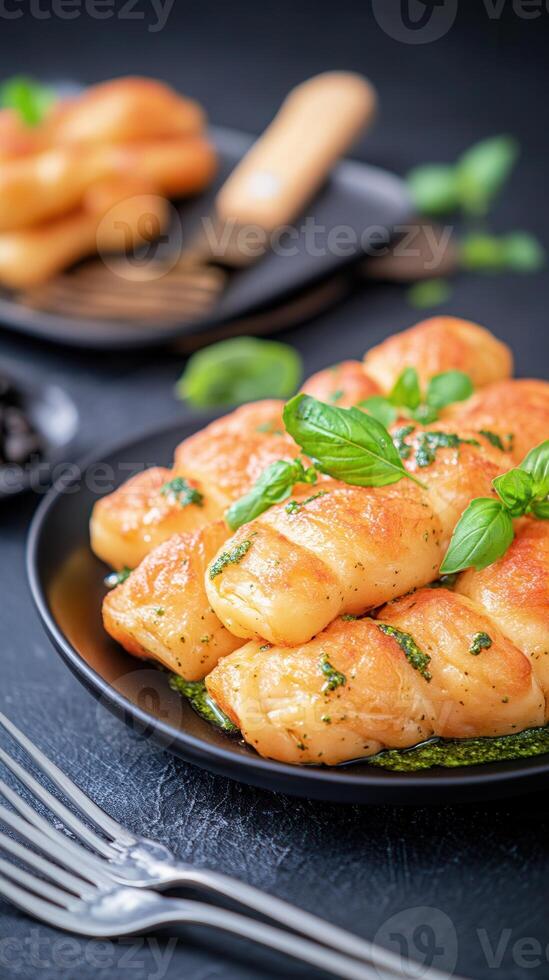 Stylish plate of food accompanied by a fork on a table for a cozy dining experience with modern aesthetic photo