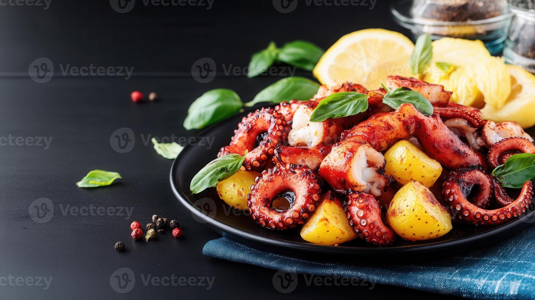 Freshly prepared plate of food featuring a juicy lemon and elegant fork ready for a tasty culinary experience photo