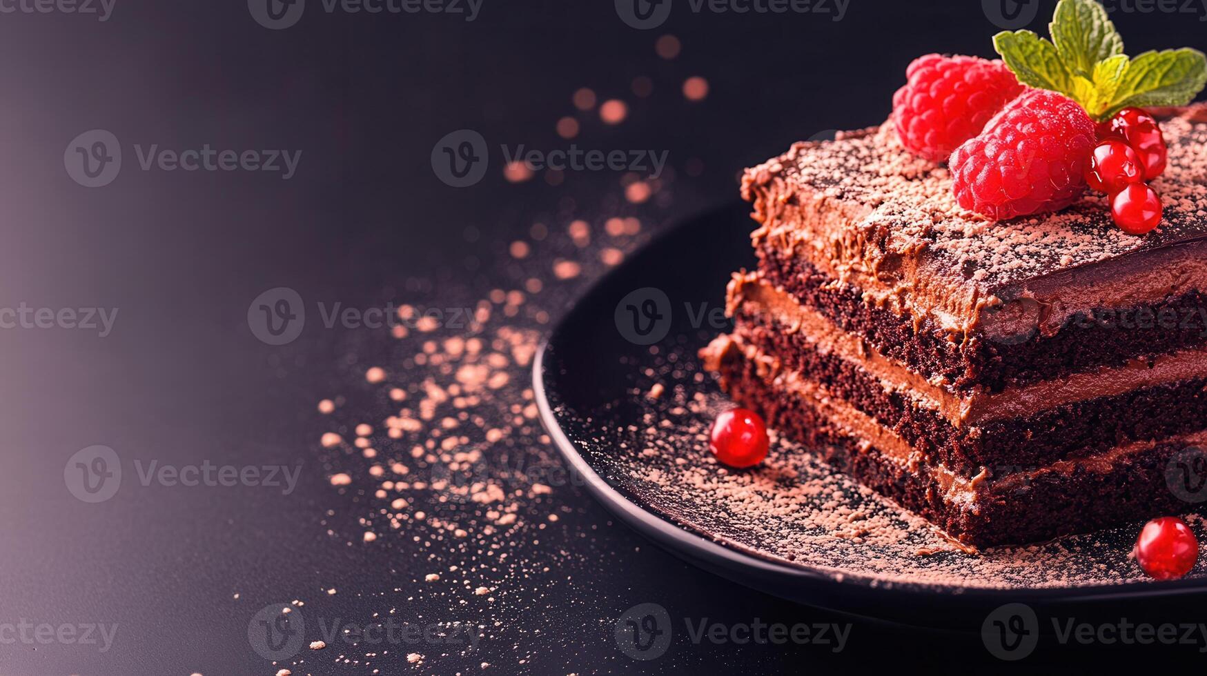 Luxurious chocolate cake garnished with fresh raspberries displayed on a plate emphasizing its rich flavor and texture photo