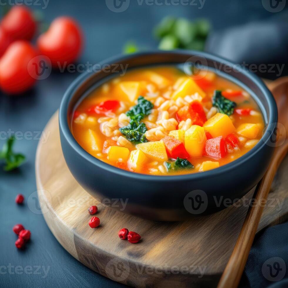 Delicious bowl of minestrone soup loaded with fresh tomatoes and parsley on a rustic wooden table for warmth photo