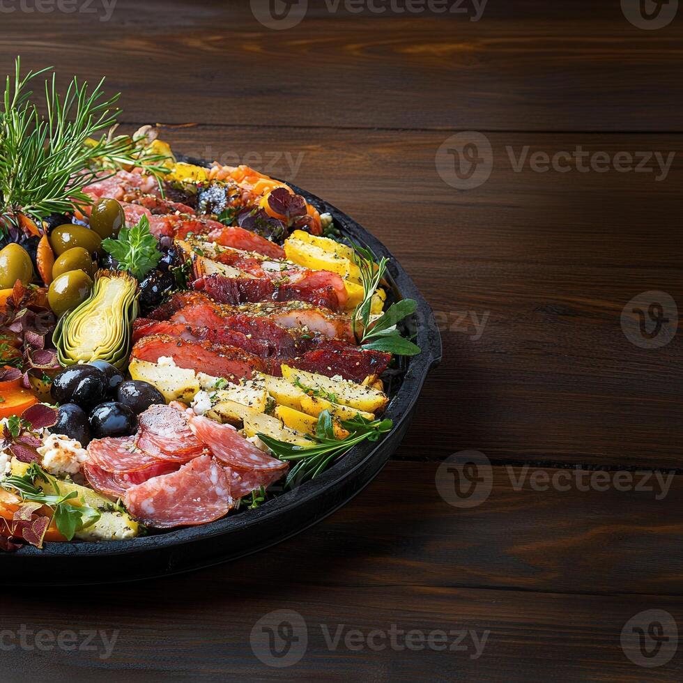 A beautifully arranged plate of delicious food on a rustic table setting surrounded by warm ambient lighting photo