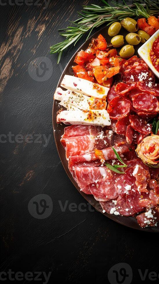 Colorful plate of grilled meat accompanied by an array of fresh vegetables for a wholesome and delicious meal photo