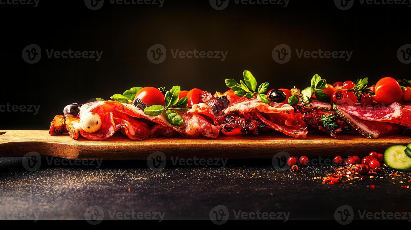 Rustic wooden cutting board featuring a bountiful display of juicy tomatoes and crisp cucumbers for cooking photo