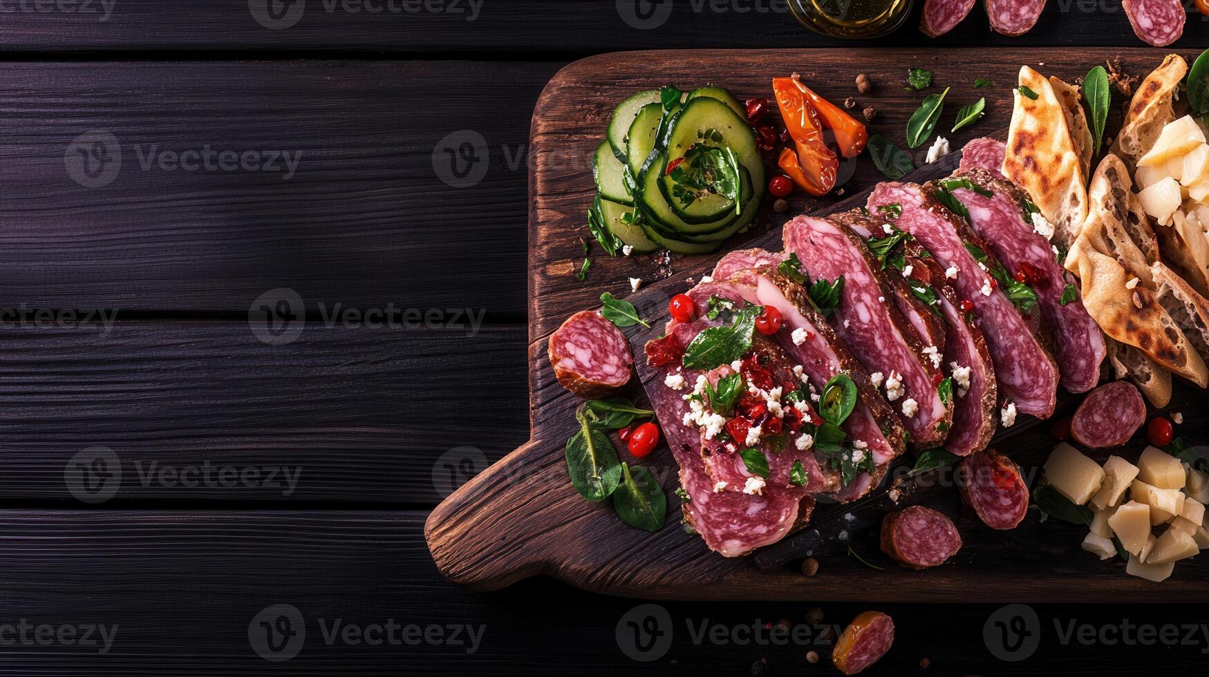 Assorted food array on a wooden cutting board featuring a variety of colorful ingredients for meal preparation photo