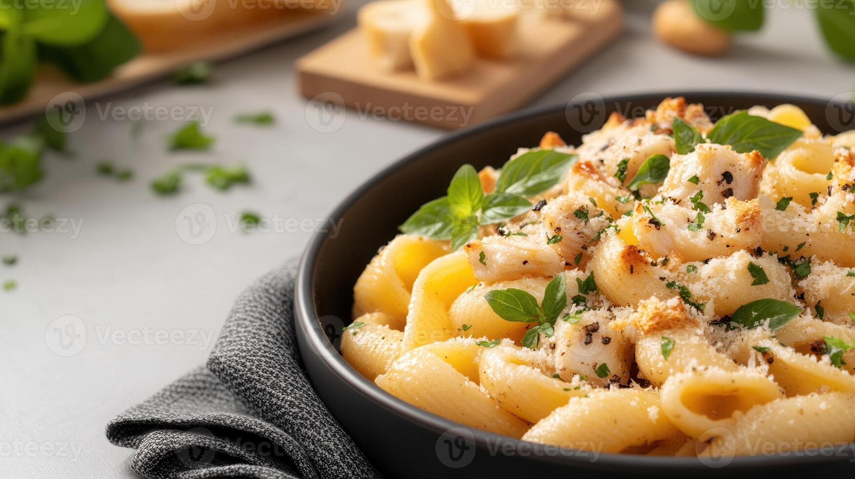 Delicious bowl of pasta with parise topped with fresh herbs and olive oil served on a rustic wooden table setting photo