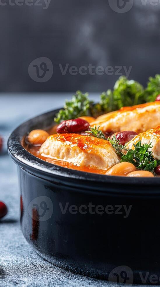 A generous bowl of tender chicken accompanied by a colorful array of fresh vegetables on a rustic table setting photo