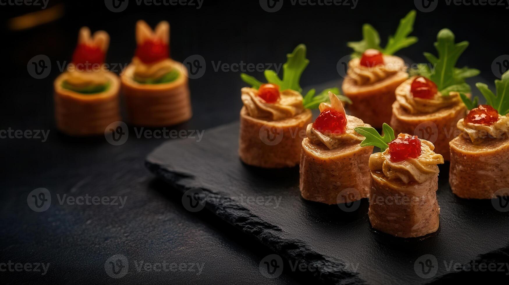 Elegant plate of food displayed on a black surface artful presentation of culinary delights for food aficionados photo