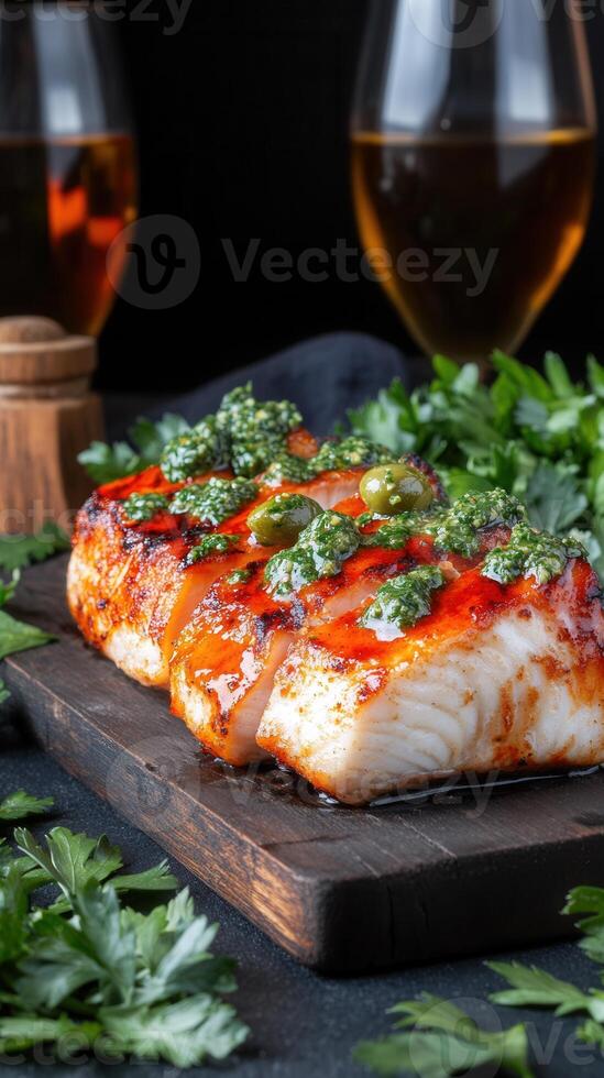 Fresh piece of fish beautifully displayed on a wooden board ready for cooking or grilling in a cozy kitchen environment photo
