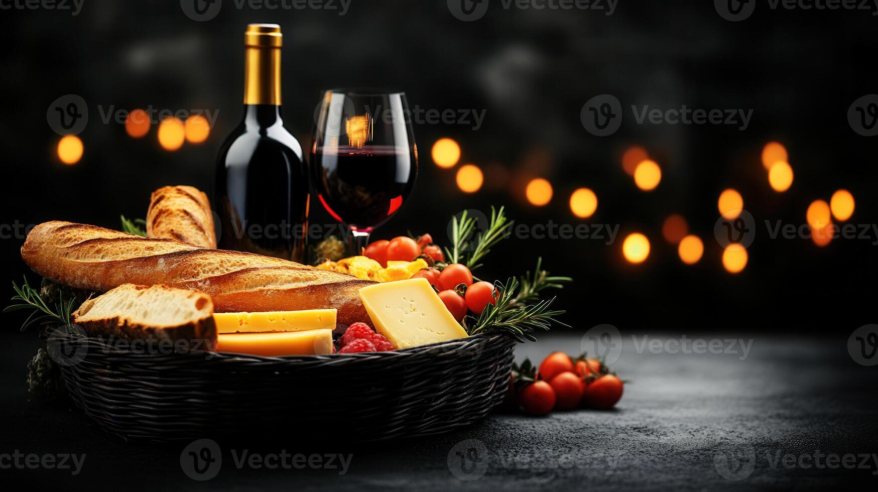 Elegant basket filled with gourmet food selections accompanied by a bottle of fine wine perfect for picnics or gatherings photo