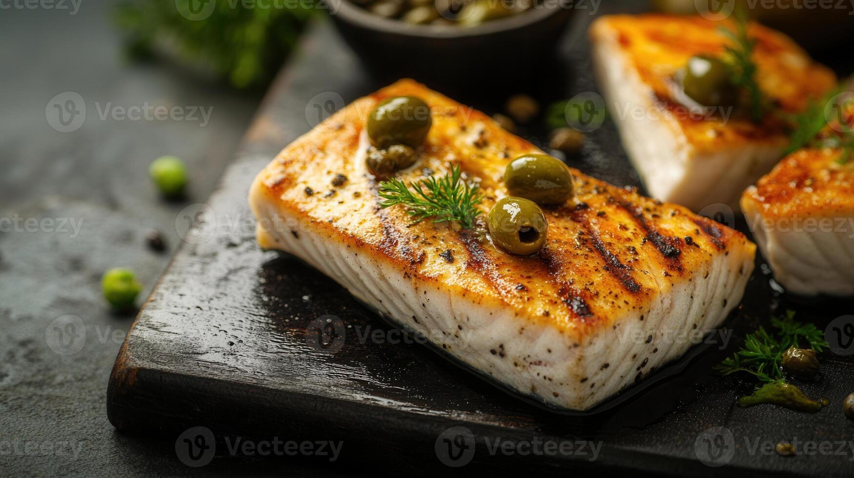 Whole fish displayed on a rustic wooden cutting board ready for preparation surrounded by fresh vegetables and herbs photo