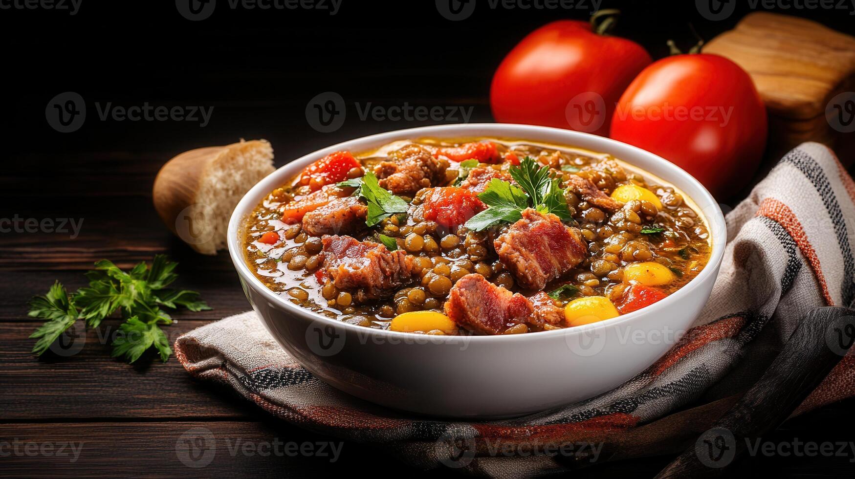 A warm bowl of tomato soup accompanied by fresh bread slices for a comforting and satisfying meal experience photo