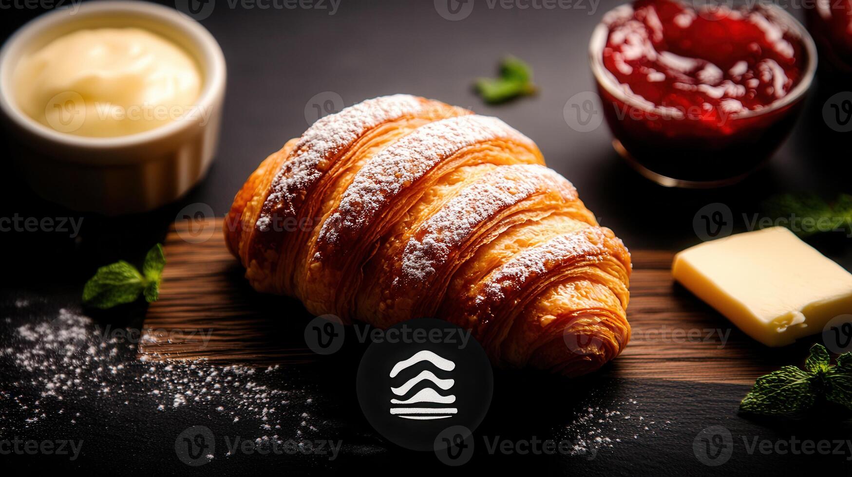Delicious croissant and a cup of butter spread perfectly arranged for a morning delight with freshly baked goodness photo
