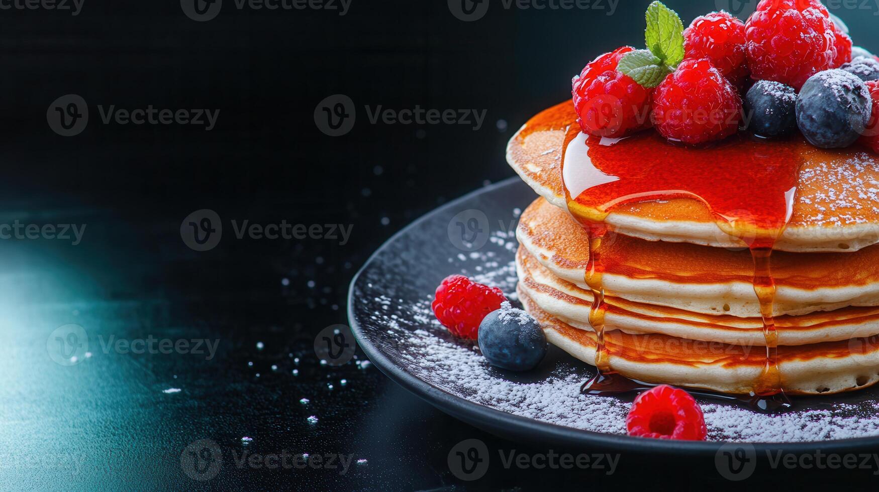 Tall stack of fluffy pancakes topped with fresh berries and drizzled with syrup for a perfect breakfast treat photo